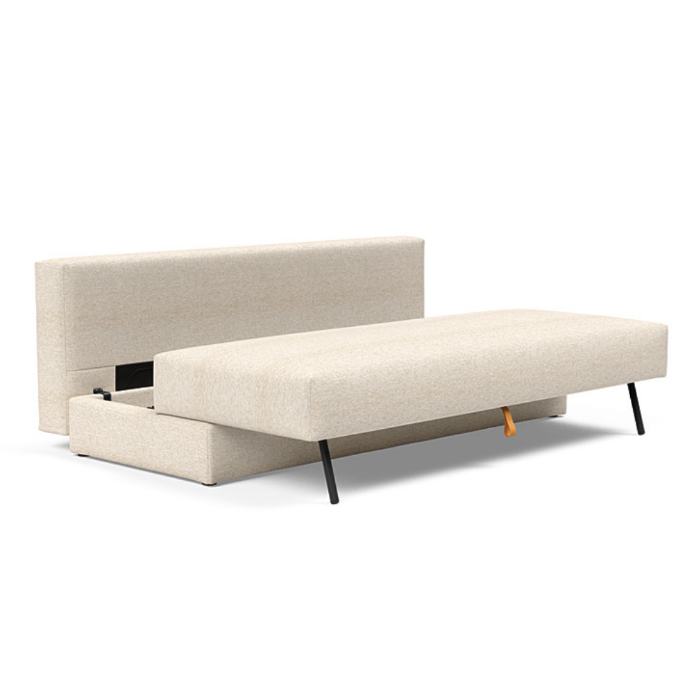 The Osvald Sofa Bed from Innovation Living with halifax shell 365 upholstery showing the internal storage space.