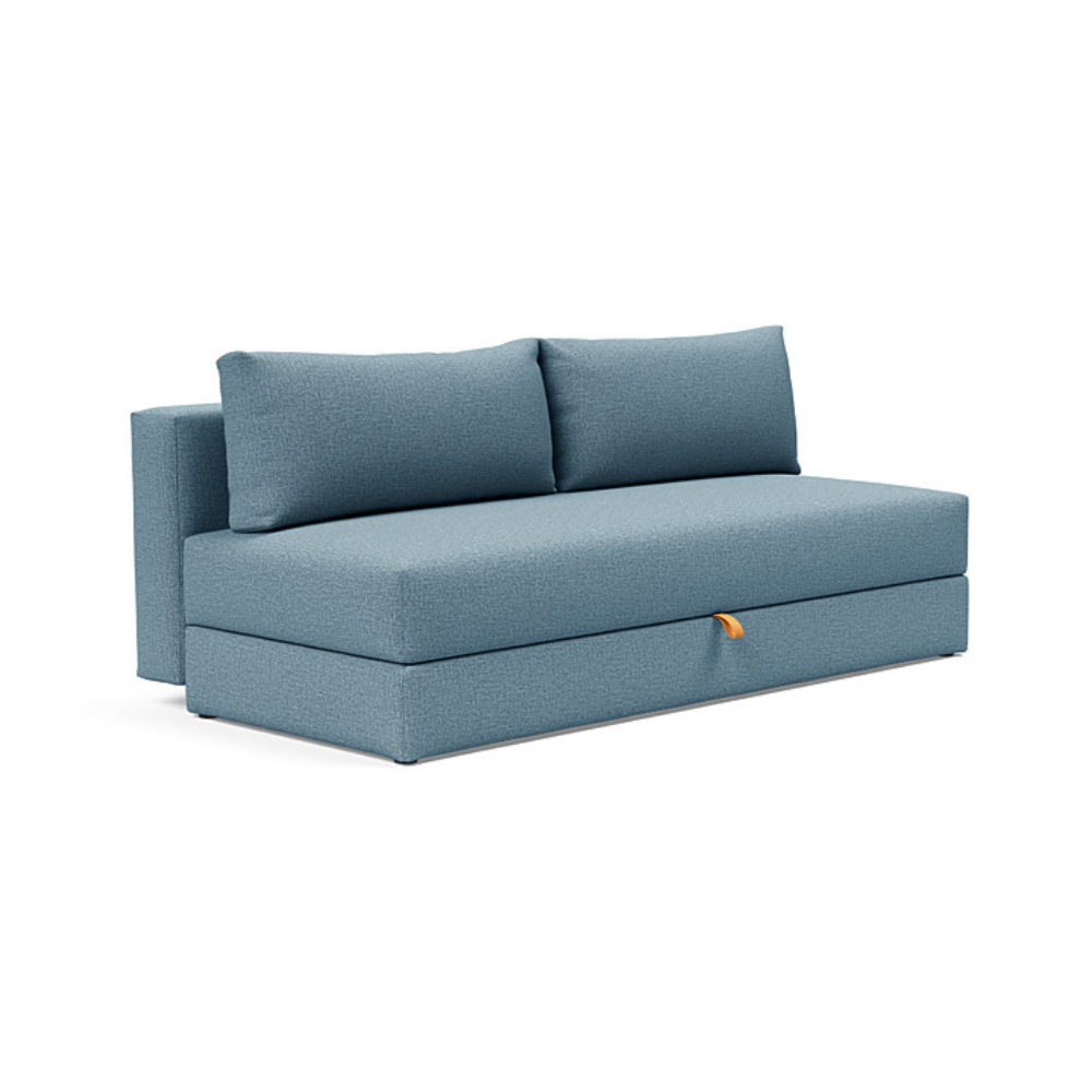 The Osvald Sofa Bed from Innovation Living with mixed dance light blue 525 upholstery setup as a sofa.