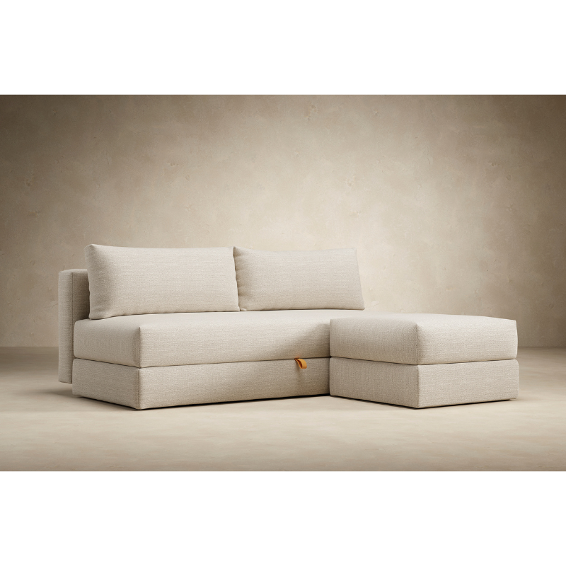 The Osvald Sofa Bed from Innovation Living with phobos latte 586 upholstery with the Cornilla ottoman (sold separately).