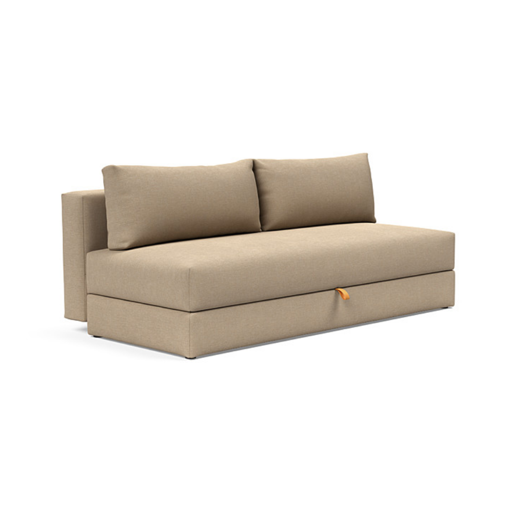 The Osvald Sofa Bed from Innovation Living with phobos mocha 587 upholstery setup as a sofa.