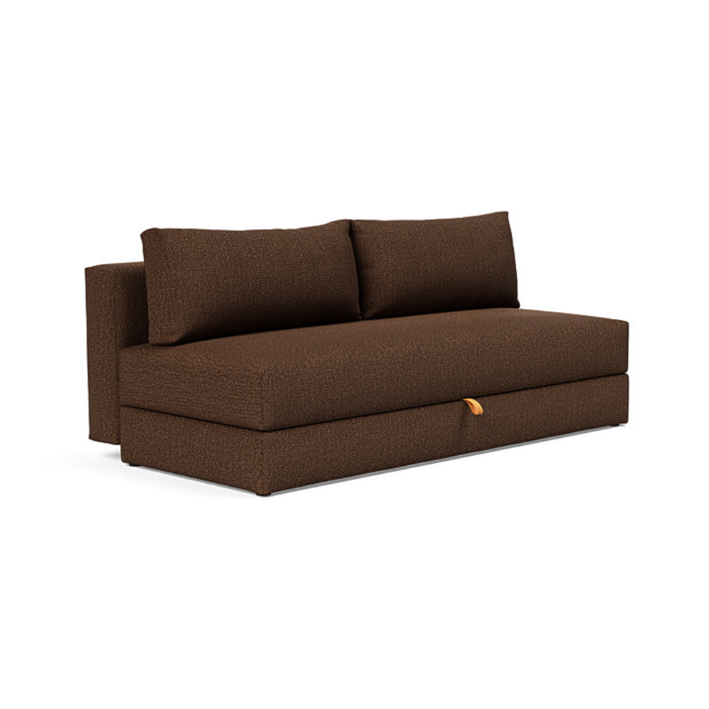 The Osvald Sofa Bed from Innovation Living with taura cappuccino 359 upholstery setup as a sofa.