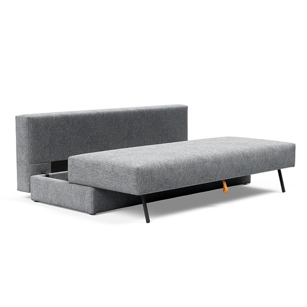 The Osvald Sofa Bed from Innovation Living with twist granite 565 upholstery showing the storage space.