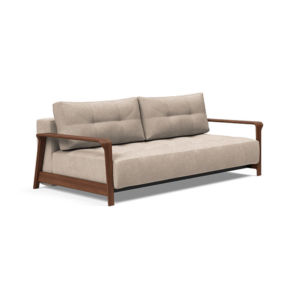The Ran D.E.L Sofa Bed from Innovation Living with adario taupe 257 upholstery setup as a sofa.
