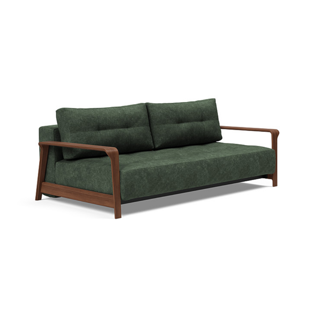 The Ran D.E.L Sofa Bed from Innovation Living with avella pine green 281 upholstery setup as a sofa.