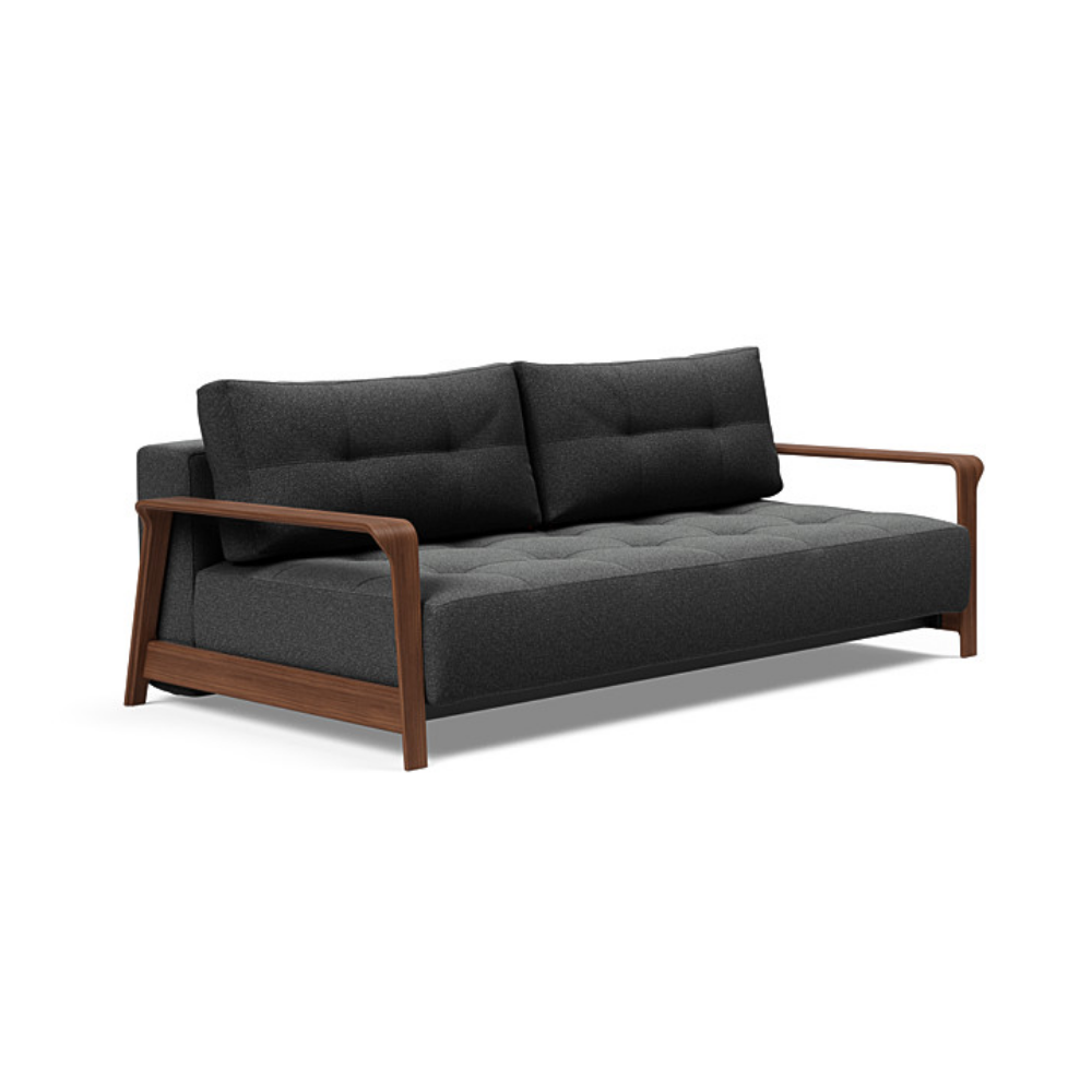 The Ran D.E.L Sofa Bed from Innovation Living with boucle charcoal 529 upholstery setup as a sofa.