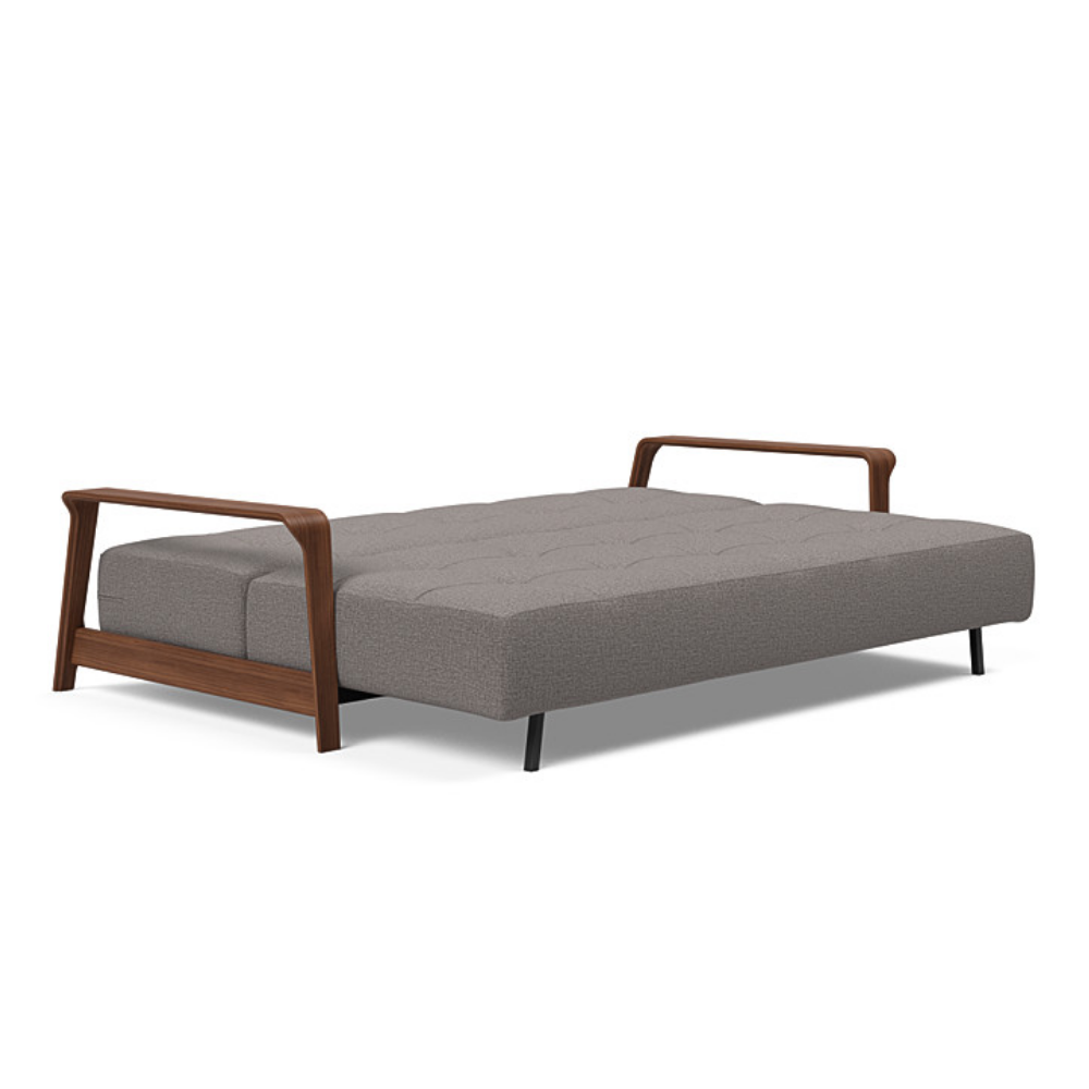 The Ran D.E.L Sofa Bed from Innovation Living with mixed dance grey 521 upholstery setup as a bed.