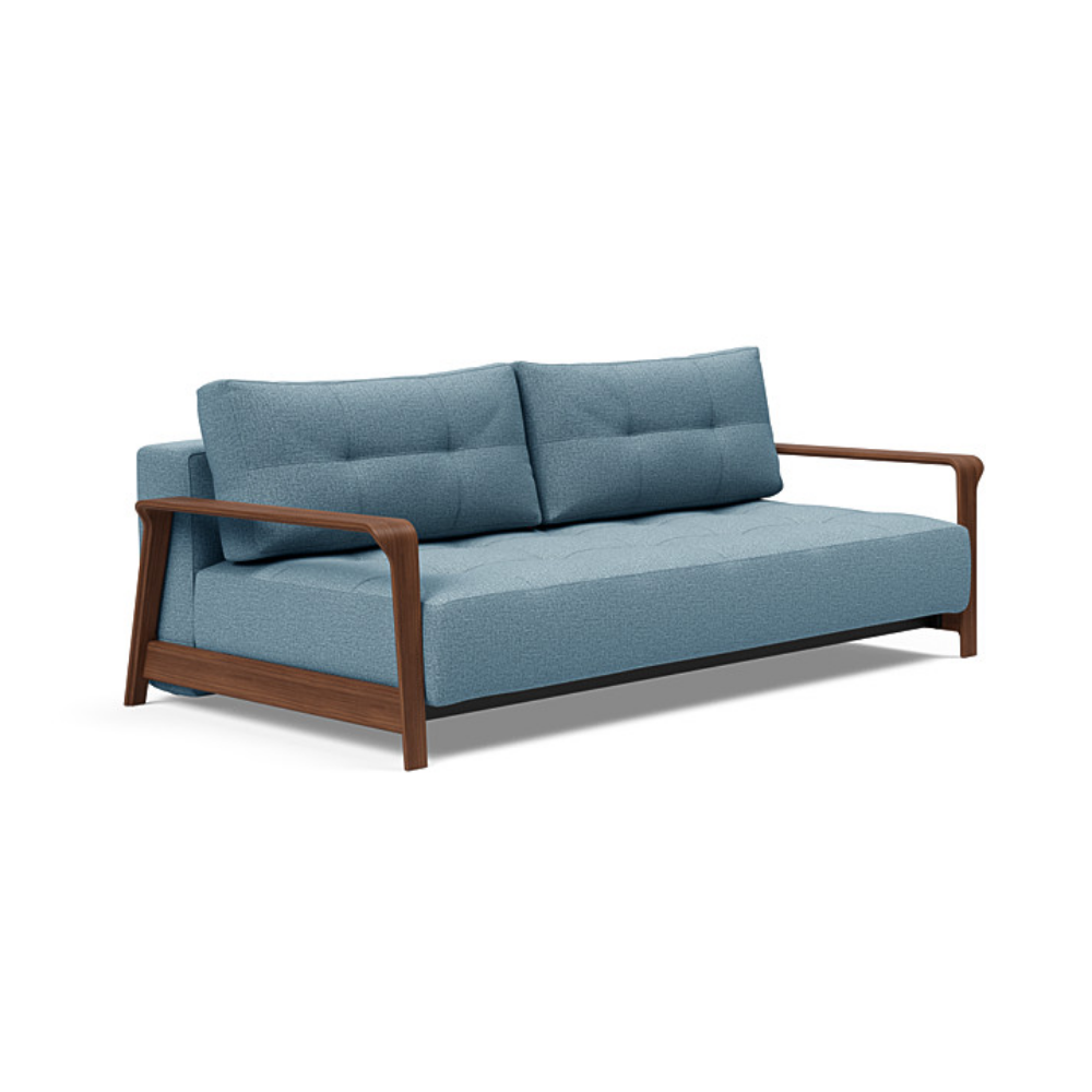 The Ran D.E.L Sofa Bed from Innovation Living with mixed dance light blue 525 upholstery setup as a sofa.