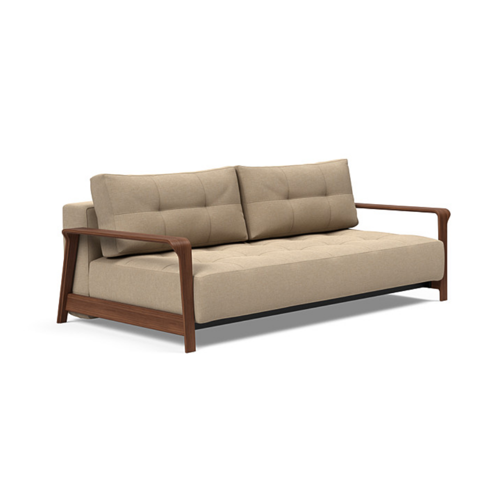 The Ran D.E.L Sofa Bed from Innovation Living with phobos mocha 587 upholstery setup as a sofa.