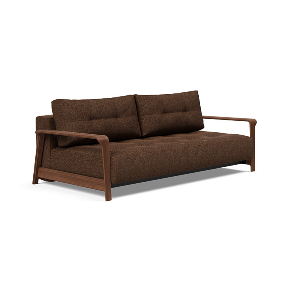 The Ran D.E.L Sofa Bed from Innovation Living with taura cappuccino 359 upholstery setup as a sofa.