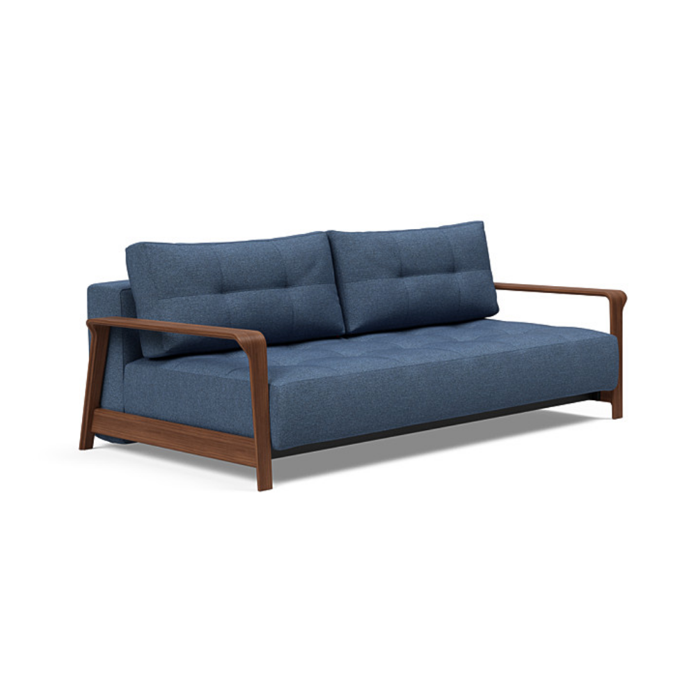 The Ran D.E.L Sofa Bed from Innovation Living with weda blue 302 upholstery setup as a sofa.