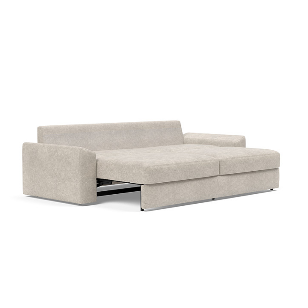 The Vilander Sleeper Sofa With Cushion Arms from Innovation Living with avella sand 280 upholstery setup as a bed.