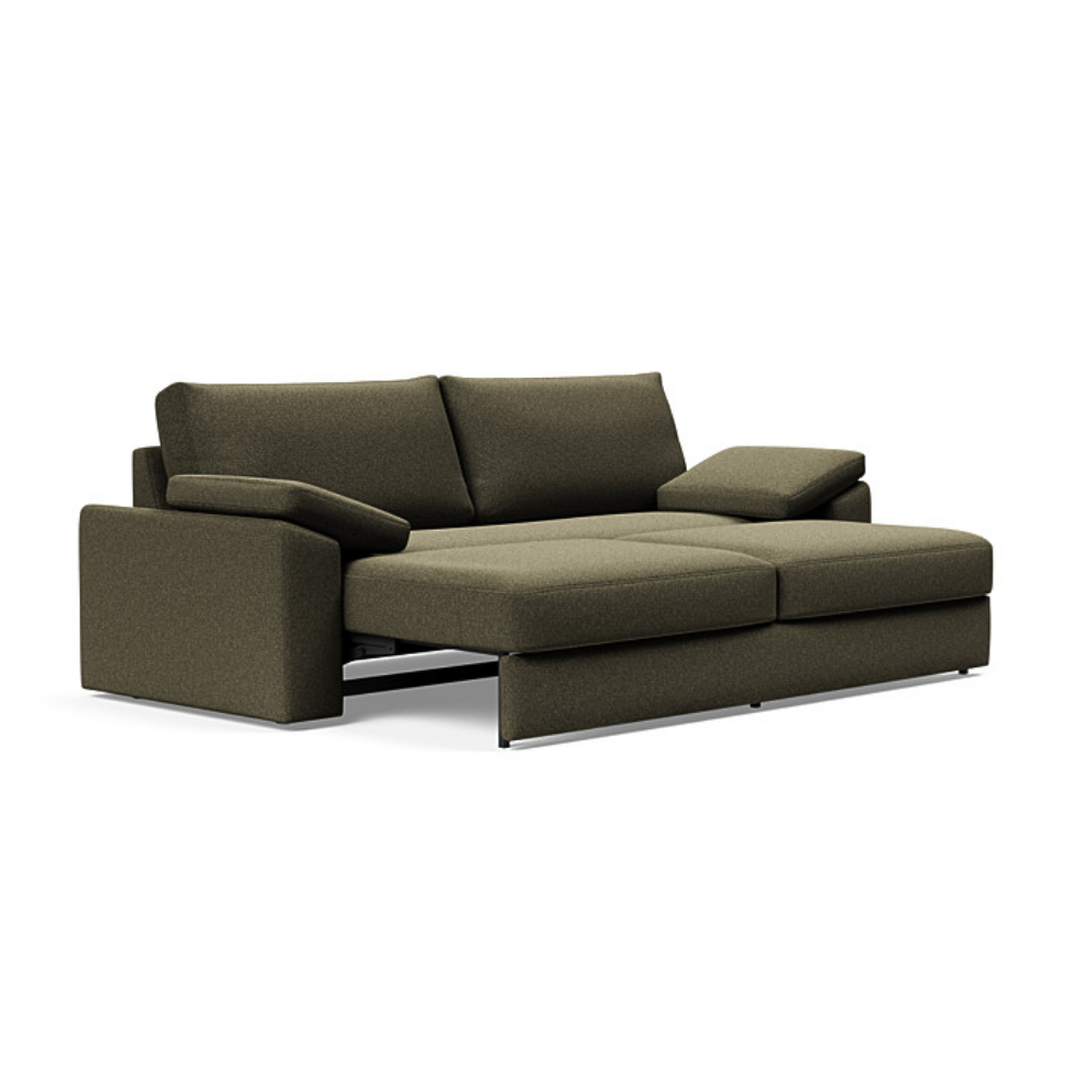 The Vilander Sleeper Sofa With Cushion Arms from Innovation Living with boucle forest green 535 upholstery, a pull out couch.