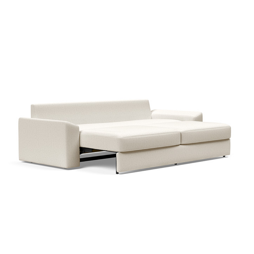 The Vilander Sleeper Sofa With Cushion Arms from Innovation Living with boucle off white 531 upholstery setup as a bed.