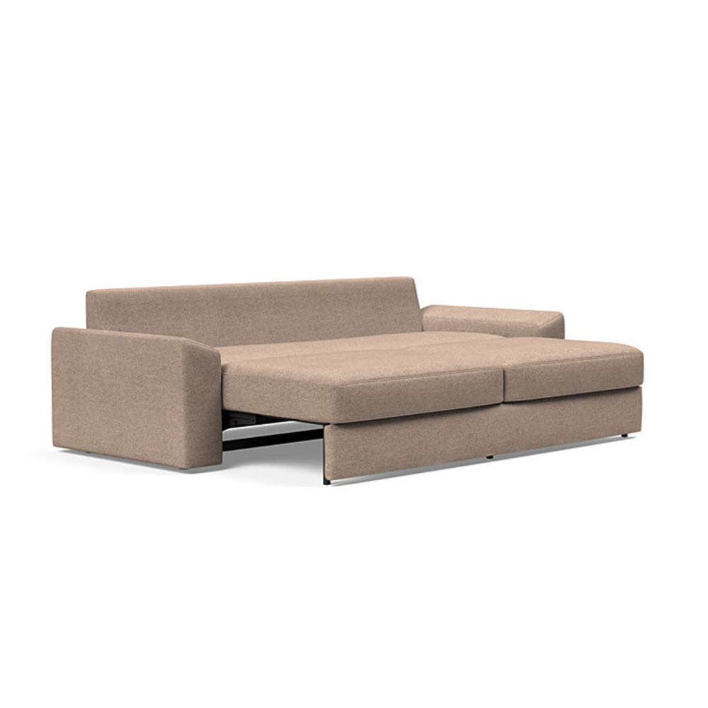 The Vilander Sleeper Sofa With Cushion Arms from Innovation Living with halifax wicker 367 upholstery setup as a bed.