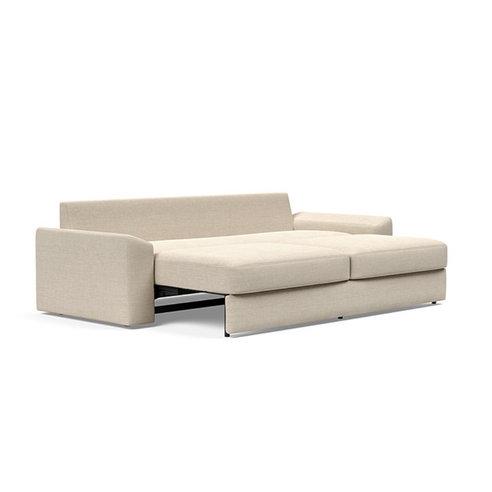 The Vilander Sleeper Sofa With Cushion Arms from Innovation Living with phobos latte 586 upholstery setup as a bed.