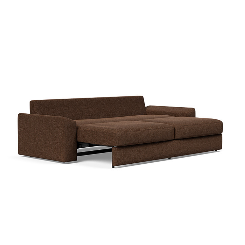 The Vilander Sleeper Sofa With Cushion Arms from Innovation Living with taura cappuccino 359 upholstery setup as a bed.