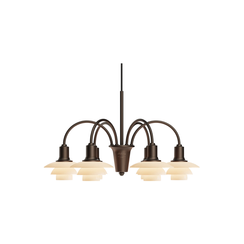 The PH 1/1 Chandelier, 6-Light by Louis Poulsen turned on.