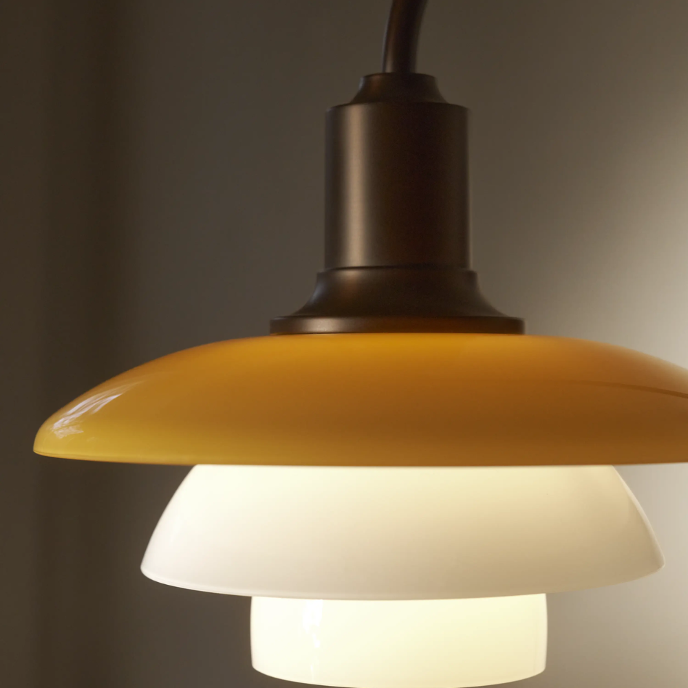 Close up of the glass shades of the PH 2/2 Wall Lamp Centenary Edition while turned on. all-groups