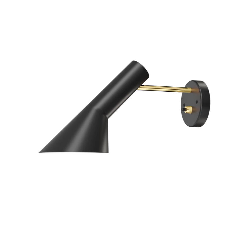 The AJ Wall Lamp from Louis Poulsen in brass and black with switch.
