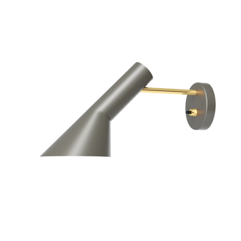 The AJ Wall Lamp from Louis Poulsen in brass and warm grey with switch.