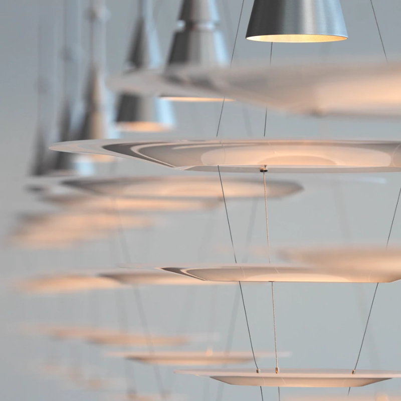 The Enigma 425 from Louis Poulsen in brushed aluminum close up.