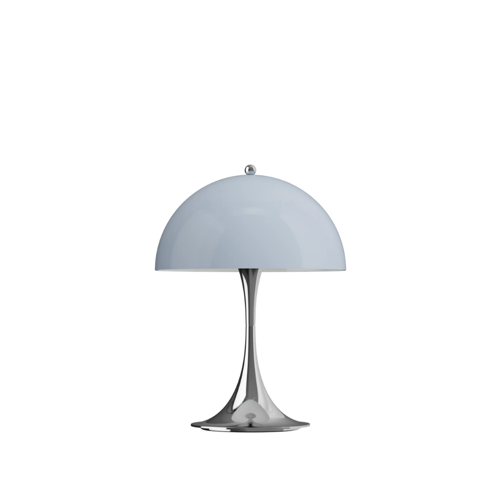 The Panthella 250 Portable Table Lamp from Louis Poulsen in Chrome Opal Beige turned off.