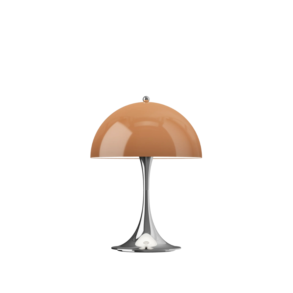 The Panthella 250 Portable Table Lamp from Louis Poulsen in Original Opal Brown turned on.