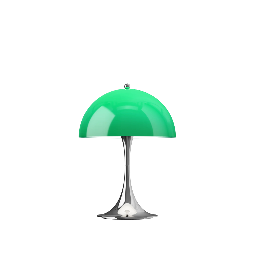 The Panthella 250 Portable Table Lamp from Louis Poulsen in Original Opal Green turned on.