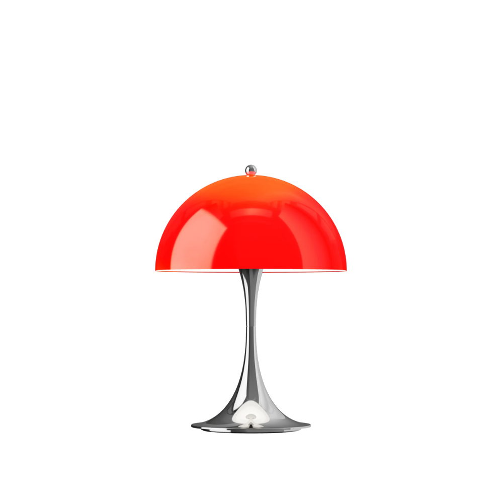 The Panthella 250 Portable Table Lamp from Louis Poulsen in Original Opal Red turned on.