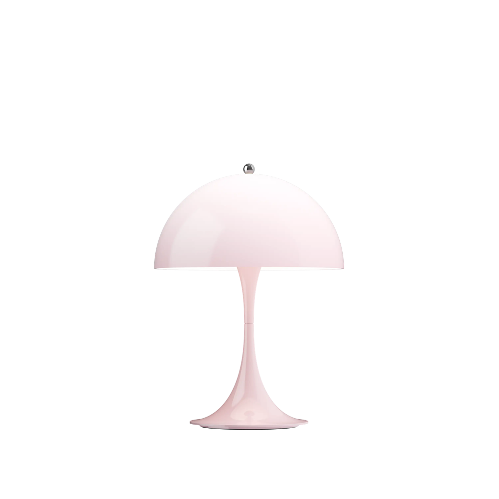 The Panthella 250 Portable Table Lamp from Louis Poulsen in Opal Pale Rose turned on.