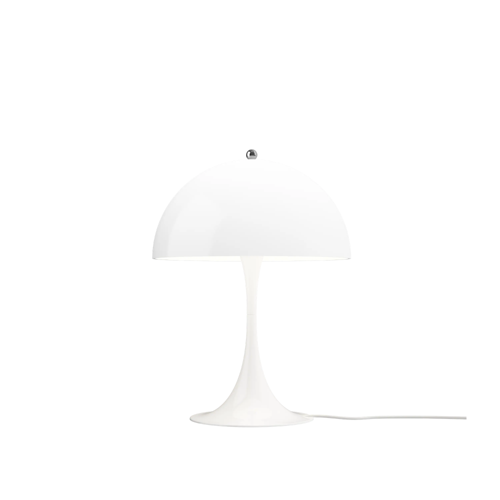 The Panthella 320 Table Lamp from Louis Poulsen in Opal White turned on.