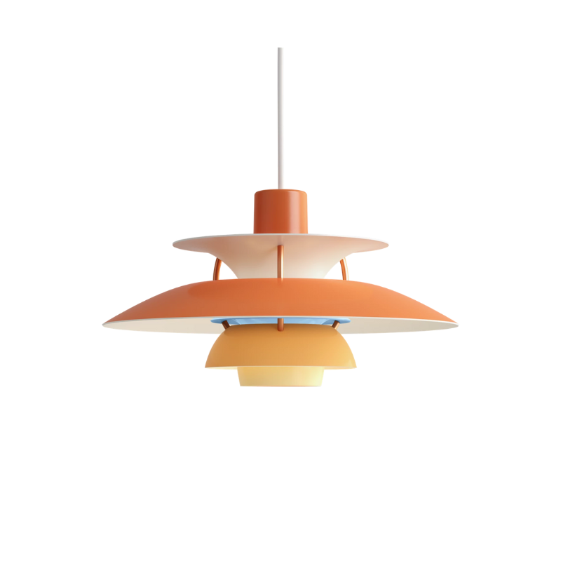 The PH 5 Mini Pendant from Louis Poulsen in hues of orange.