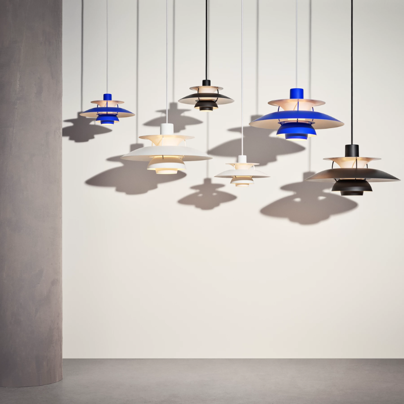 The PH 5 Mini Pendant from Louis Poulsen in monochrome blue with other color choices.