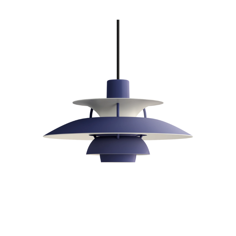 The PH 5 Mini Pendant from Louis Poulsen in monochrome dusty indigo with the light off.