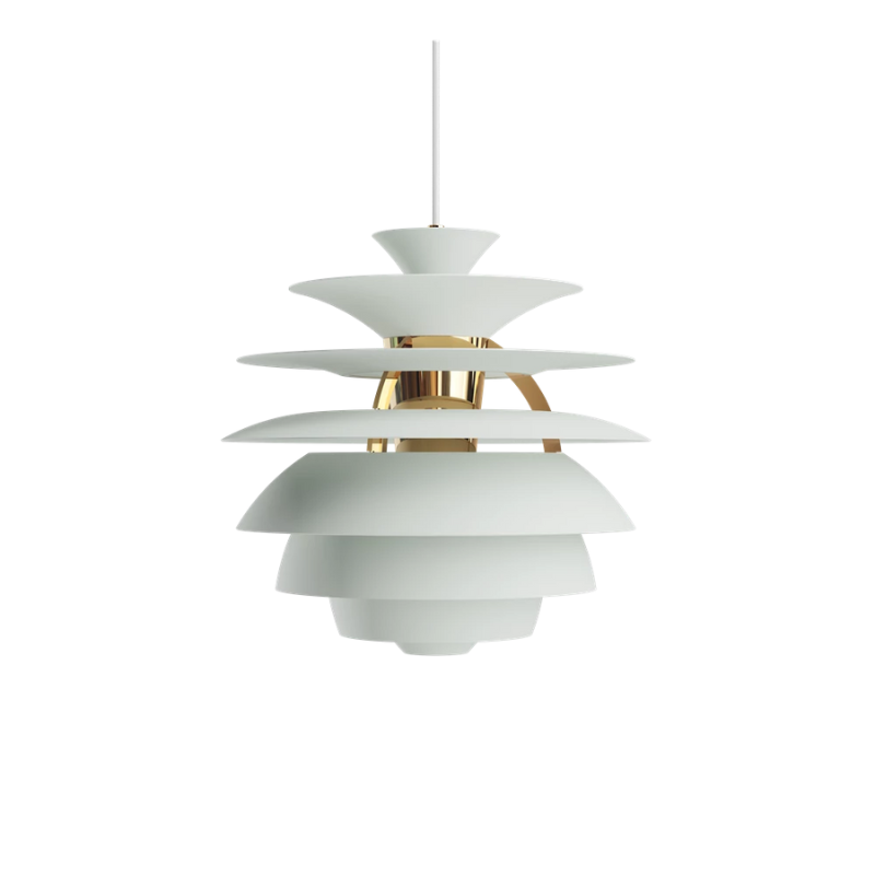 The PH Snowball from Louis Poulsen in dusty green and brass turned off.