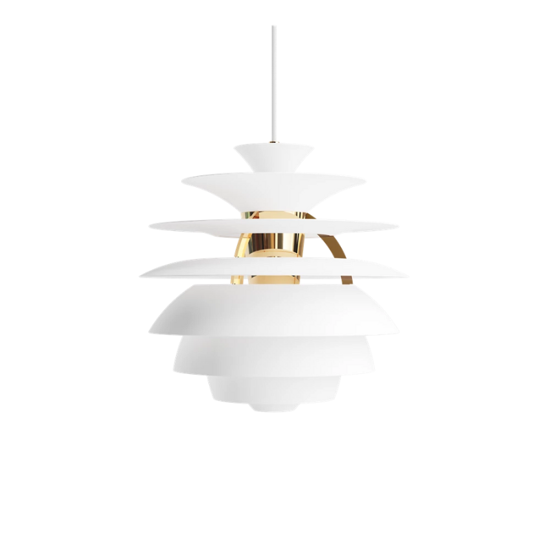 The PH Snowball from Louis Poulsen in soft white and brass turned off.