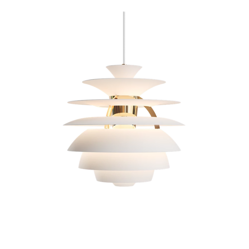 The PH Snowball from Louis Poulsen in soft white and brass turned on.
