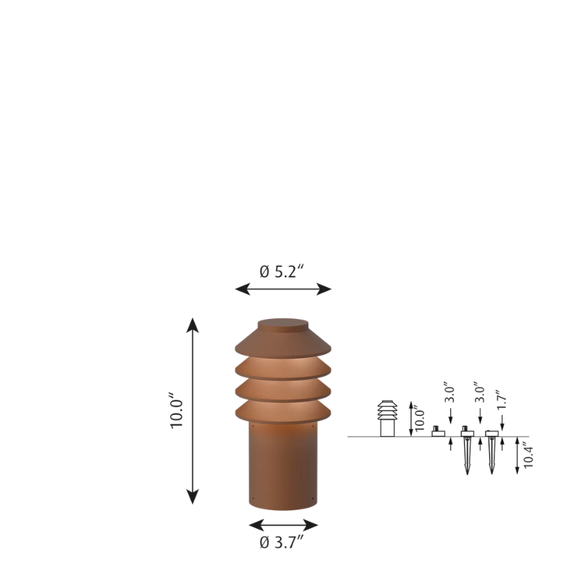 The Short Bysted Garden Bollard from Louis Poulsen in corten dimensions.