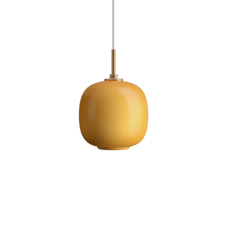 The 6.9 inch VL 45 Radiohus Pendant from Louis Poulsen with amber glass turned off.