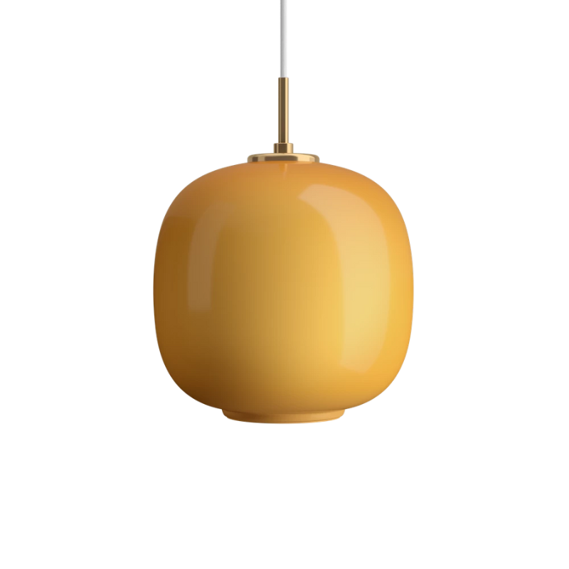 The 9.8 inch VL 45 Radiohus Pendant from Louis Poulsen with amber glass turned off.