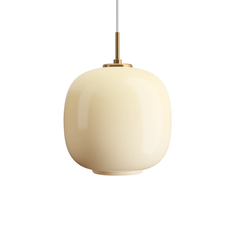 The 9.8 inch VL 45 Radiohus Pendant from Louis Poulsen in pale yellow glass turned off.