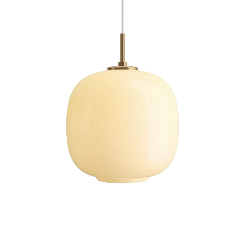 The 9.8 inch VL 45 Radiohus Pendant from Louis Poulsen in pale yellow glass turned on.