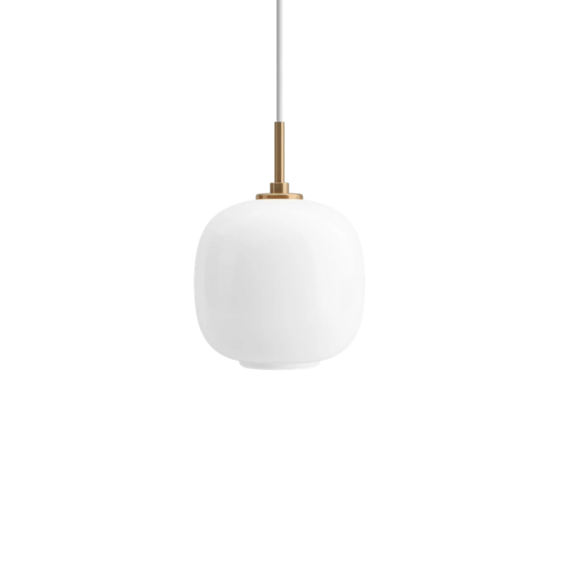 The 6.9 inch VL 45 Radiohus Pendant from Louis Poulsen in white opal glass turned on.