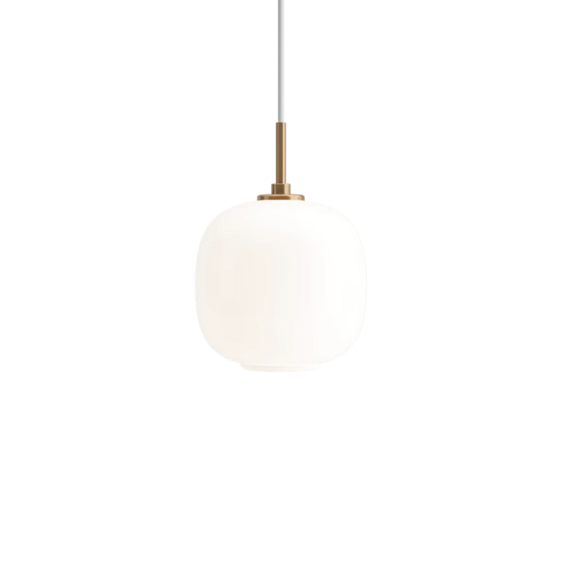 The 6.9 inch VL 45 Radiohus Pendant from Louis Poulsen with white opal glass turned on.