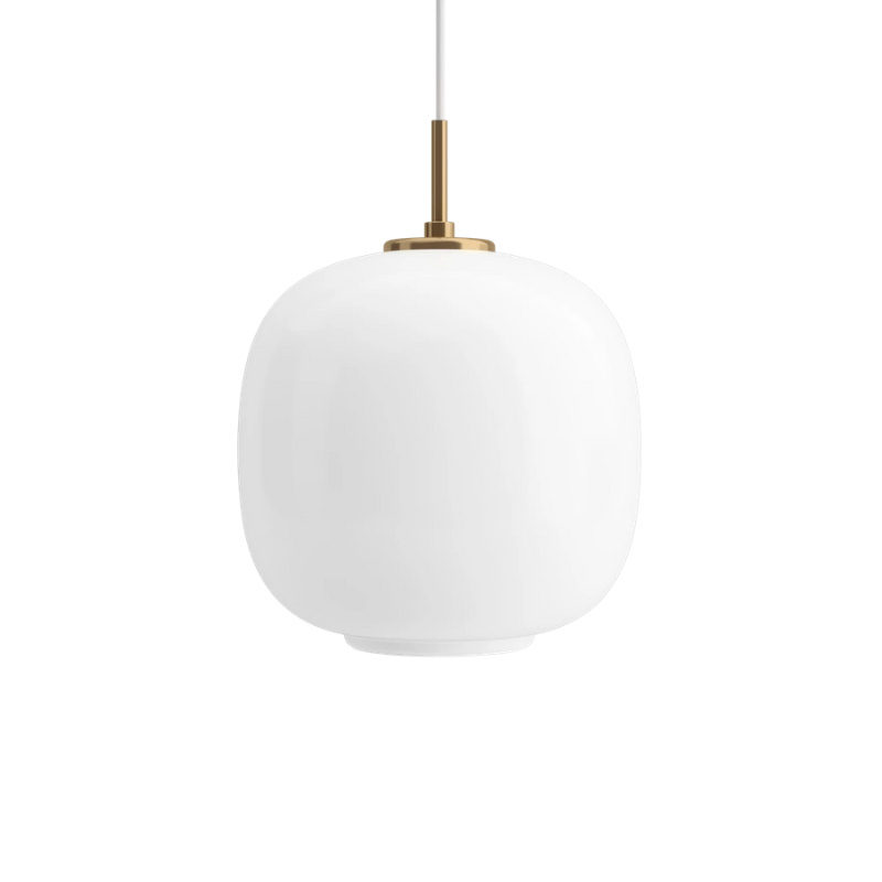 The 9.8 inch VL 45 Radiohus Pendant from Louis Poulsen with white opal glass turned off.