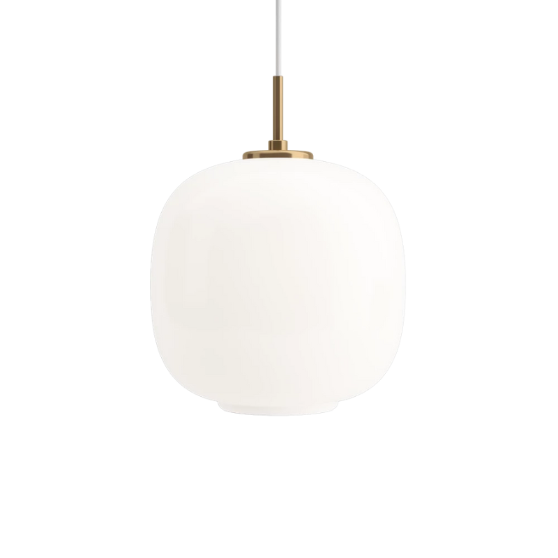 The 9.8 inch VL 45 Radiohus Pendant from Louis Poulsen with white opal glass turned on.