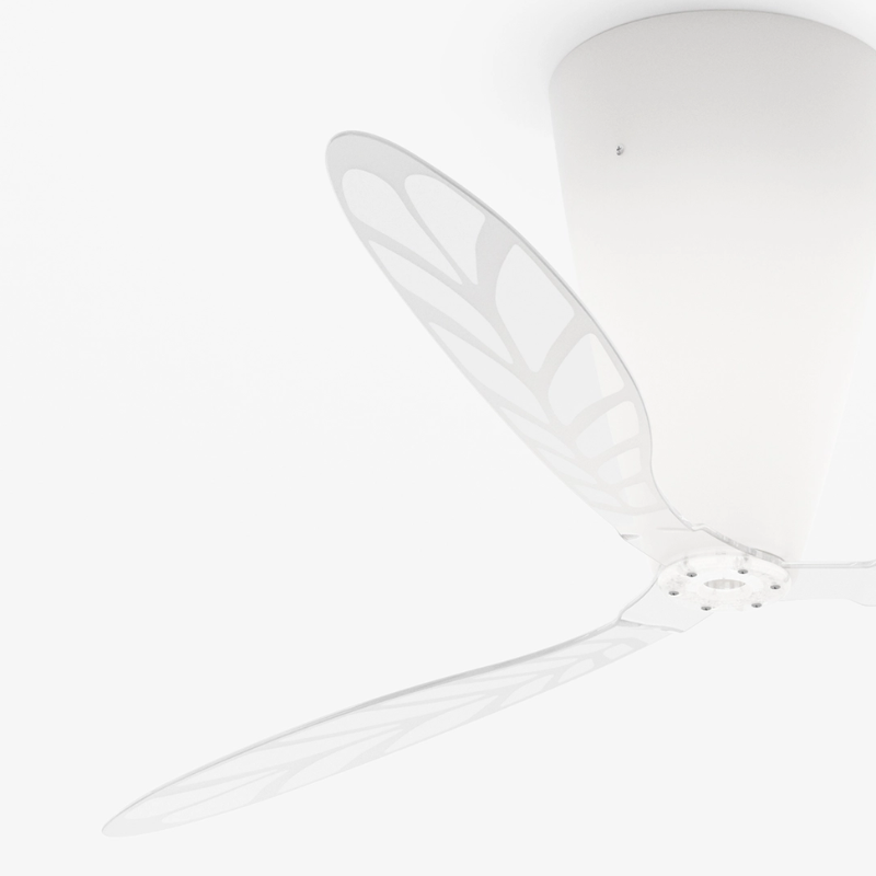 The Blow Ceiling Fan from Luceplan with screenprinted blades close up.