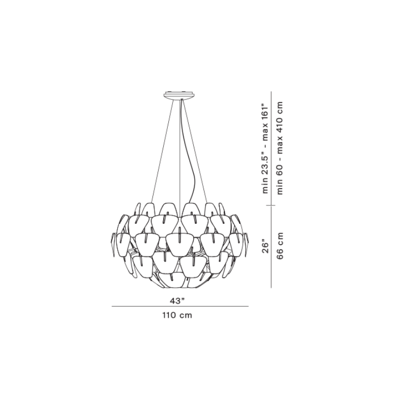 The large 43 inch Hope Chandelier from Luceplan dimensions.