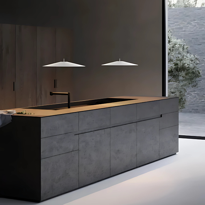 The Koinè Pendant from Luceplan in white within a kitchen above a sink.