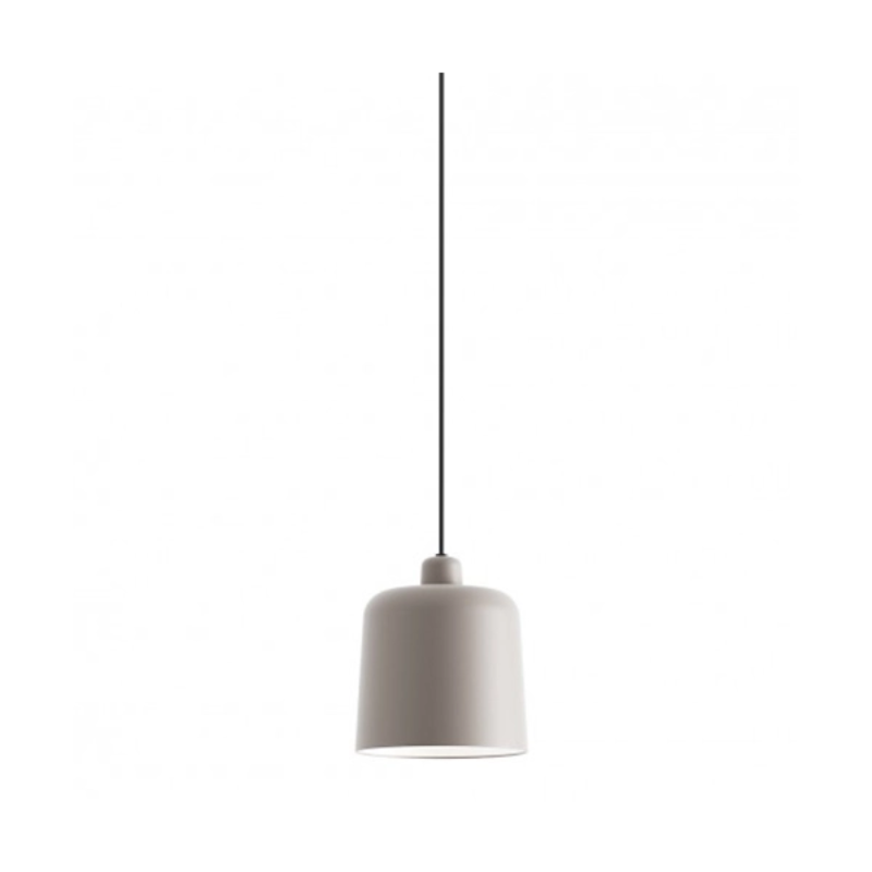 The small 8 inch Zile Pendant from Luceplan in matte dove grey.
